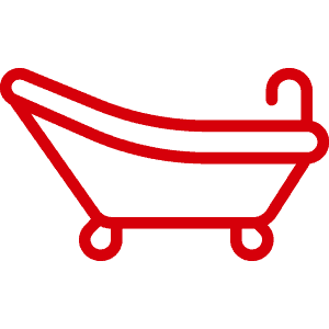 A bathtub with a curved design and four small wheels, outlined in red.