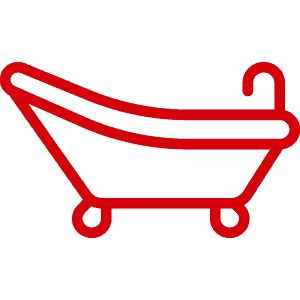 A bathtub with a curved design and four small wheels, outlined in red.