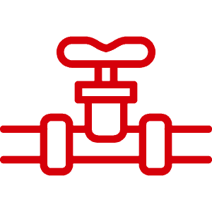 Plumbing valve with red handle and pipe connections for water control.