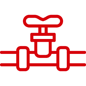 Plumbing valve with red handle and pipe connections for water control.